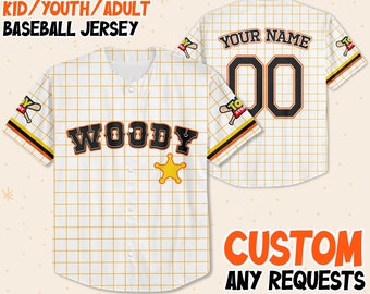 Custom Toy Story Woody White Caro Baseball Jersey, Matching Baseball Team Outfit, Adult Youth Toddler Jersey, Toy Story Jersey,Gift for Fans