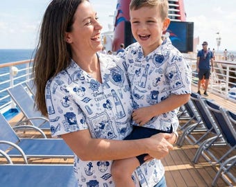 Elegant Blue Sketch Disney Cruise Hawaiian Shirt, Ink Art Nautical Anchor Lighthouse Button Up, DCL Summer Vacation Fathers Day Gift Gear