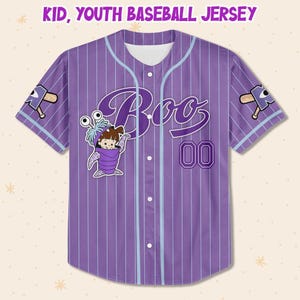 Aangepaste Disney Monster Inc James Boo paars eenvoudig honkbal, gepersonaliseerd honkbalteamjersey, verjaardagscadeau Disney-reis 2026