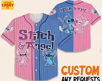 Custom Two Color Jersey Stitch And Angel Blue Pink Family Matching Outfit, Baseball Style, Personalized Kid & Adult Gift for Disney Fan