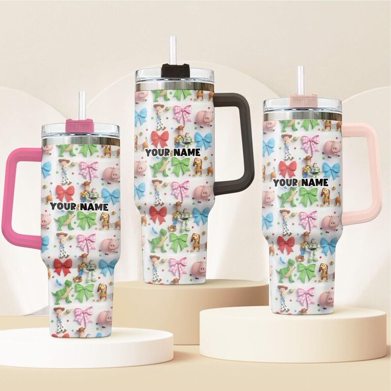 Cheerful Personalized Tumbler, Toy Story Custom Name Tumbler with Straw, Insulated Cup Travel Mug, Girl Birthday Gift Magical Outfit Trip 20 image 3