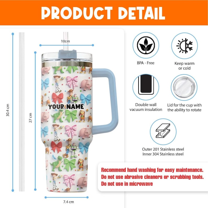 Cheerful Personalized Tumbler, Toy Story Custom Name Tumbler with Straw, Insulated Cup Travel Mug, Girl Birthday Gift Magical Outfit Trip 20 image 6