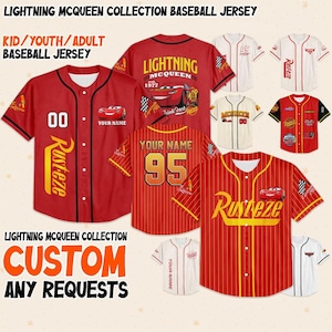 Personalizza la collezione Disney Cars Lightning McQueen, fantastica collezione di maglie da baseball personalizzate per adulti, bambini e ragazzi. Scegli lo stile, abbigliamento Disney.