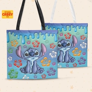 Disney Tote Bag – Stitch Bubble Texture Cute Travel Bag for Disneyland Trip, Large Canvas Tote with Pocket, Gift for Disney Lovers