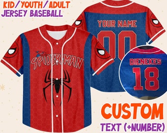 Personaliza a Spider Man de Disney en azul y rojo, camiseta personalizada de Spider Man para niños, jóvenes y adultos, camiseta de béisbol, regalo para fanáticos de Disney