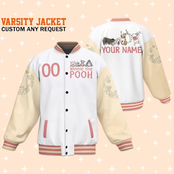 Custom Team Winnie the Pooh White Varsity Jacket, Adult Varsity Jacket, Personalized Jacket, Baseball Team Outfit, Disney Uniform Varsity