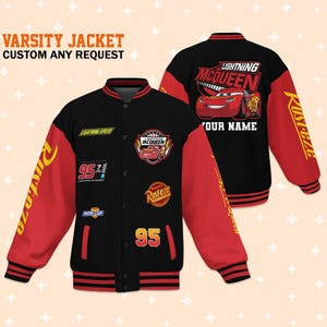 Personalize Lightning Mcqueen Black And Red Varsity Jacket, Adult Varsity Jacket, Baseball Team Outfit, Disney Uniform Varsity