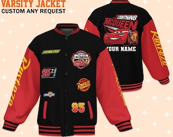 Personalize Lightning Mcqueen Black And Red Varsity Jacket, Adult Varsity Jacket, Baseball Team Outfit, Disney Uniform Varsity