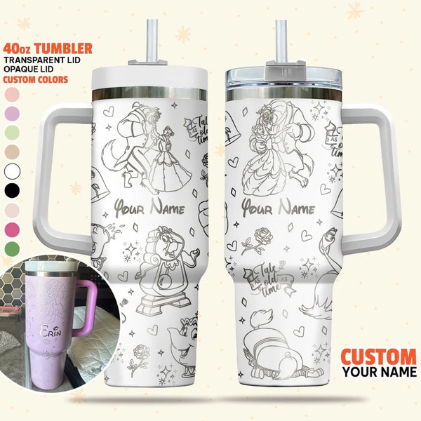 Custom Disney Beauty and the Beast Tumbler, Disney Characters Christmas 40oz Tumbler, Handle Stainless Steel Reusable Tumbler