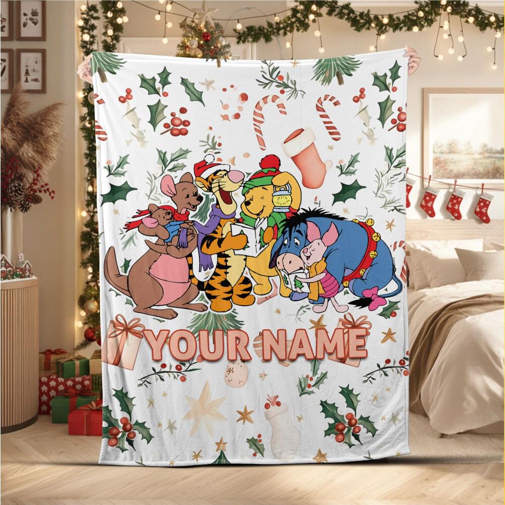 Discover Custom Disney Christmas Winnie The Pooh Fleece Blanket, Birthday Gift for Kids