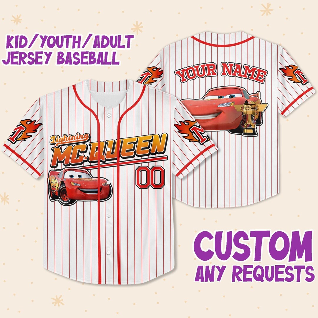 Custom Mcqueen Car Red, Lightning Mcqueen Jersey, Custom Text Baseball