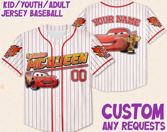 Custom MCQUeen Car Red, Lightning Mcqueen Jersey, Custom Text Baseball Jersey, Gift for Kids, Disney Birthday Gift, Gift For Baseball Fans