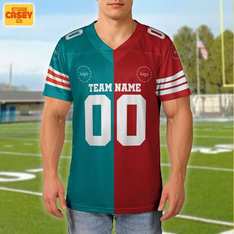 Camisa de futebol personalizada, qualquer time, vermelho e azul-petróleo, uniforme dividido, roupa personalizada para presente, presentes de Natal para ele imagem 1
