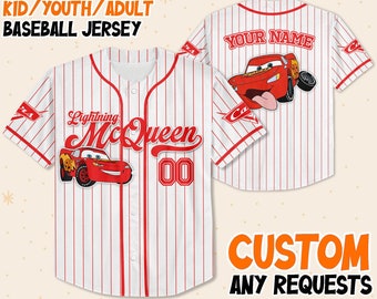 Balle de baseball Cars Disney personnalisée Lightning McQueen, équipe de maillot de baseball Cars personnalisées, tenue personnalisée de l'équipe de baseball Disney, t-shirt Cars Land