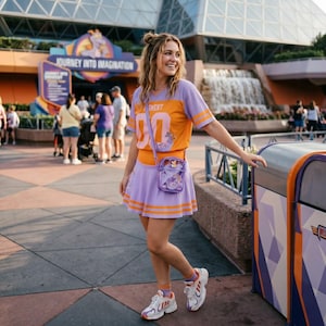 May include: A lavender and orange jersey-style top with the number 00 and a small graphic, paired with a matching lavender pleated skirt featuring orange stripes. A small clear crossbody bag with a lavender strap and white athletic sneakers.