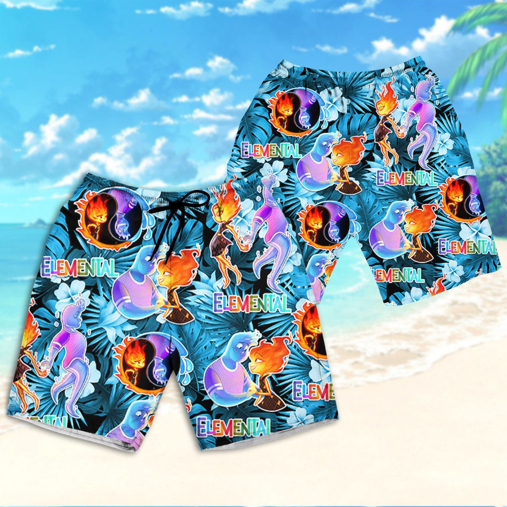 Disney Elemental Ember And Wade Couple Summer Tropical Blue Hawaiian Shirt and Shorts