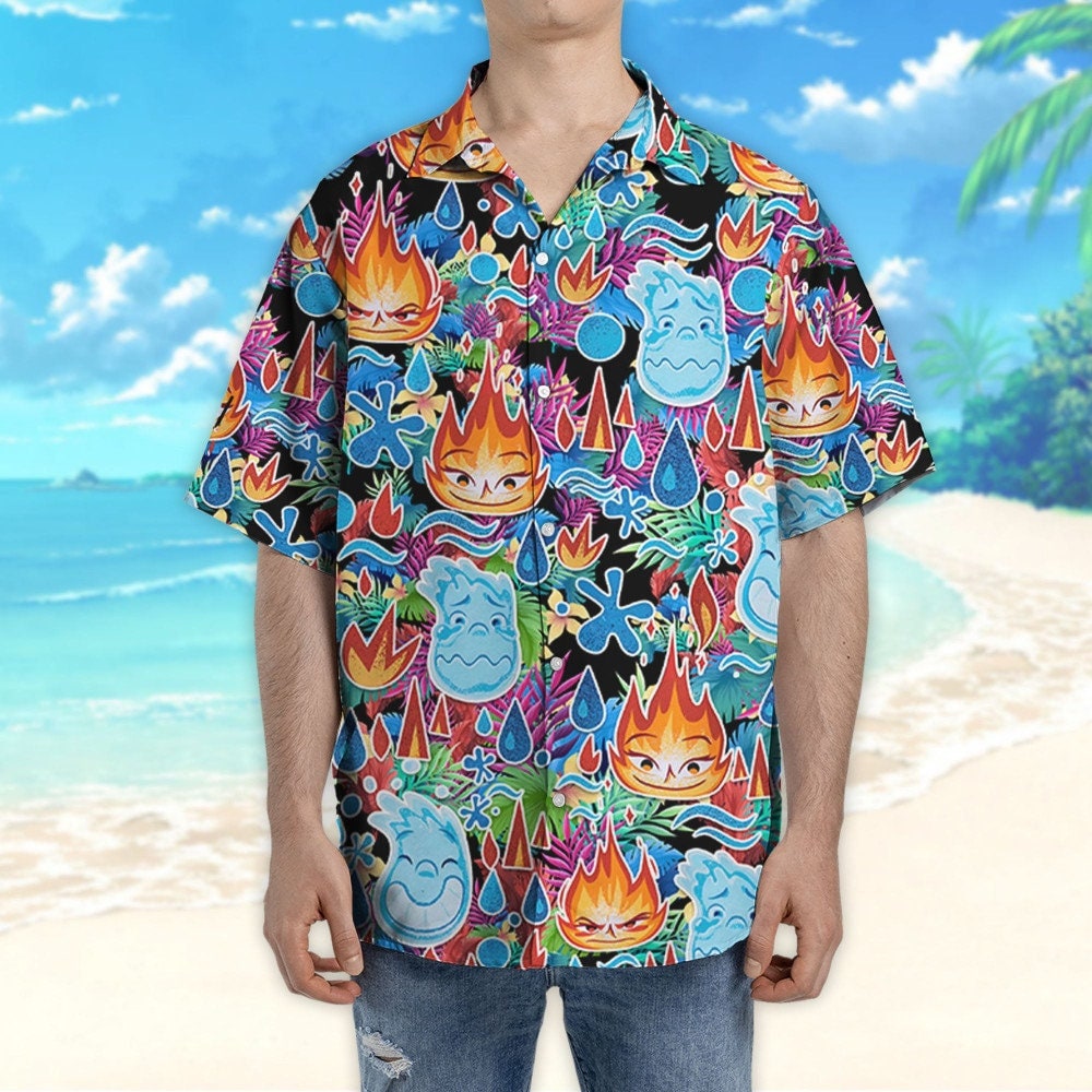 Elemental Ember And Wade Summer Tropical, Disney Hawaii Shirt, Disney Aloha Shirt, Summer Vacation Hawaiian Shirt, Disney Hawaiian Shirt