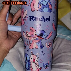 Custom Disney Friends Stitch and Angel Colorful Tumbler, Personalized Disney 40oz Tumbler With Handle Disney Characters Tumbler Christmas image 2
