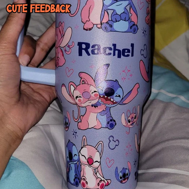 Custom Disney Friends Stitch and Angel Colorful Tumbler, Personalized Disney 40oz Tumbler With Handle Disney Characters Tumbler Christmas image 2