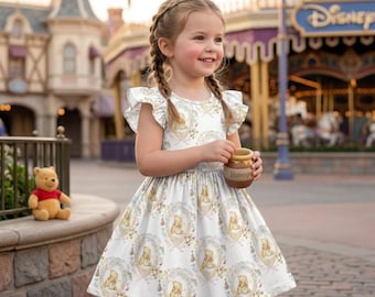 Classic Winnie the Pooh Ruffle Sleeve Dress Kids, 100th Anniversary Vintage Floral Birthday Outfit, Pooh and Friends Garden Wear 2026