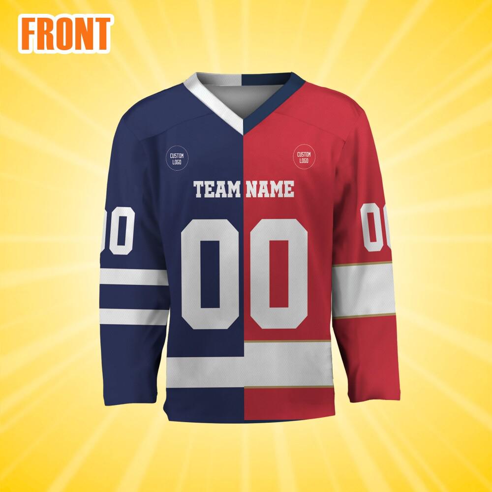 Discover Personalize Half And Half Navy Red Hockey Jersey, Men's Hockey Uniform, Christmas Gift