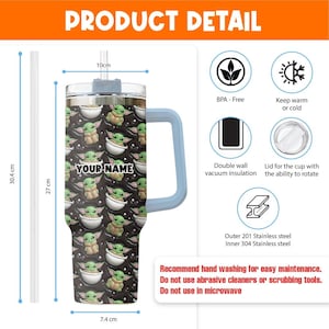 Vaso térmico Valiant personalizado, vaso Grogu Star Wars personalizado con pajita, taza térmica de viaje, vaso para vacaciones, regalo para el Día del Padre 2026 imagen 6