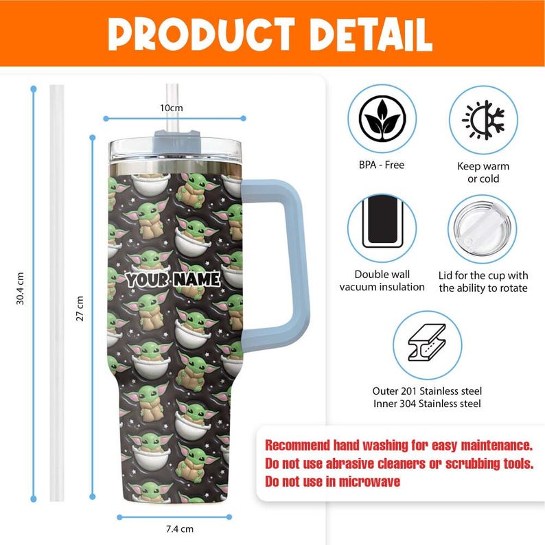 Vaso térmico Valiant personalizado, vaso Grogu Star Wars personalizado con pajita, taza térmica de viaje, vaso para vacaciones, regalo para el Día del Padre 2026 imagen 6