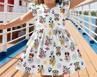 Cheerful Nautical Mickey and Friends Cruise Ruffle Dress, DCL Pirate Night Outfit, Donald Daisy Goofy Sailing Vacation Summer Gift Gear