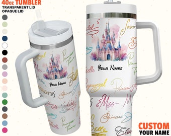 Custom Disney Princess Signatures Colorful Tumbler, Custom Disney Character 40oz Tumbler Personalize Handle Stainless Steel Reusable Tumbler