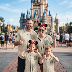 Könnte beinhalten: Eine vierköpfige Familie trägt passende beige Baseballtrikots mit schwarzen Verzierungen und einer Cartoon-Figur. Auf jedem Trikot steht der Name "Name". Die Familie posiert vor einem großen Schloss.