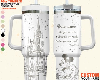 Custom Disney Favourite Character Quotes Tumbler, Disney Characters Laser Engraved 40oz Tumbler Handle Lid Stainless Steel Reusable Tumbler