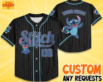Personalize Disney Stitch Happy Striped Black, Custom Disneyland Jersey, Family Matching Baseball Jersey, Stitch Birthday Gift Stitch Fan