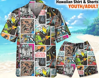 Camisa hawaiana estilo cómic retro con personajes clásicos de Star Wars, camisa hawaiana Aloha Disney, pantalones cortos hawaianos de vacaciones de verano de Disney