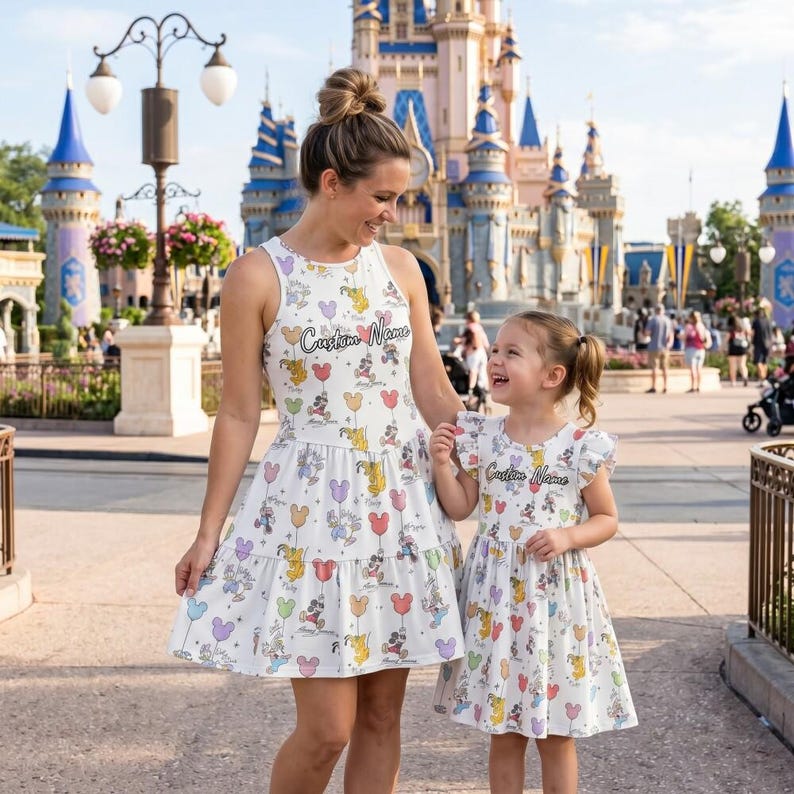 Personalized Disney Mickey Mouse Balloons Mom Daughter Matching Dress Set Custom Name, Magical Rainbow Ruffle Girls Crossback Women, Disney image 1