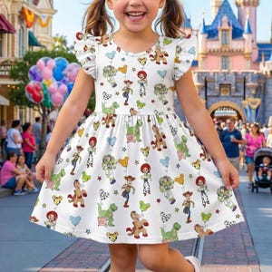 Peut inclure: Une robe blanche ornée d'un imprimé Toy Story, avec des personnages comme Woody, Buzz l'Éclair et Rex. La robe a des manches courtes à volants et un col rond. Le fond montre un parc à thème avec un château et des personnes.