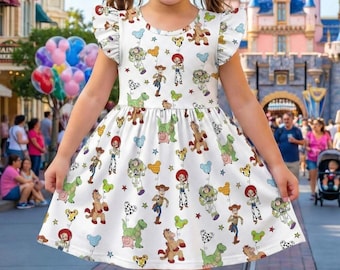 Vestido con volantes y estampado de globos, disfraz de Woody y Buzz de Toy Story, disfraz de Pixar Fest, regalo de cumpleaños para la habitación de Andy, viaje para niña pequeña.
