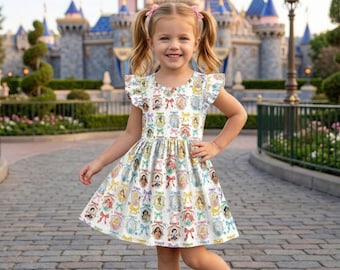 Magical Princess Mirror Coquette Ruffle Dress, Ariel Belle Cinderella Bow Outfit, Disney Birthday Girl Toddler Summer Vacation Skirt Gear
