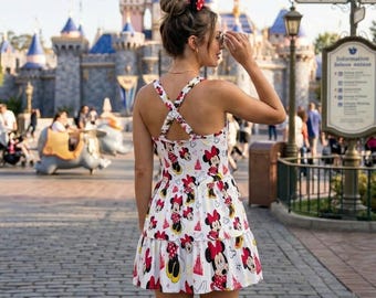 Iconic Minnie Mouse Castle Crossback Dress Women, Classic Minnie Bow Red Black Yellow Pattern, Disney Bound Summer Vacation Outfit 2026