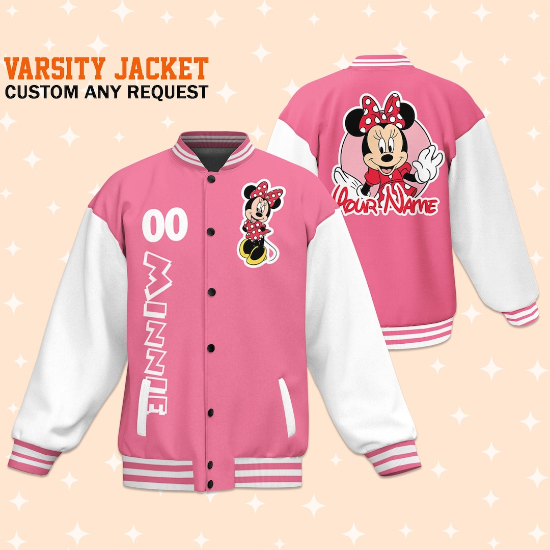 Custom Minnie Pink Varsity Jacket, Adult Varsity Jacket, Personalized