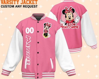 Custom Minnie Pink Varsity Jacket, Adult Varsity Jacket, Personalized Disney Jacket, Baseball Team Outfit, Disney Uniform Varsity