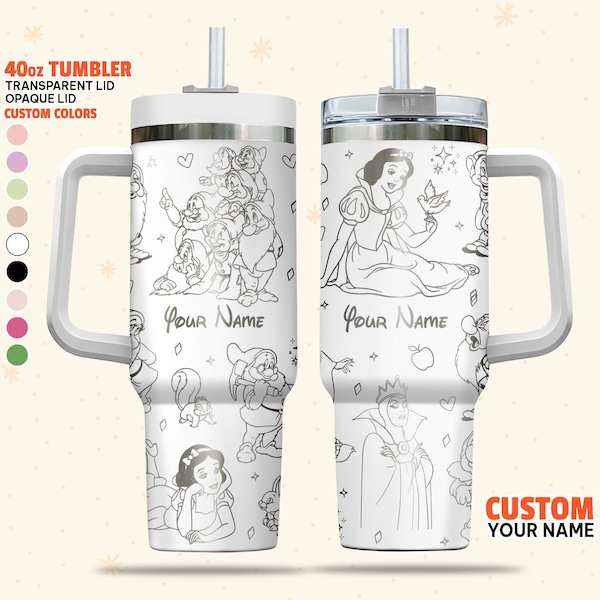 Custom Disney Snow White Tumbler, Personalized Name tumbler, Disney Characters 40oz Tumbler, Handle Lid Straw Stainless Steel Cup Gift