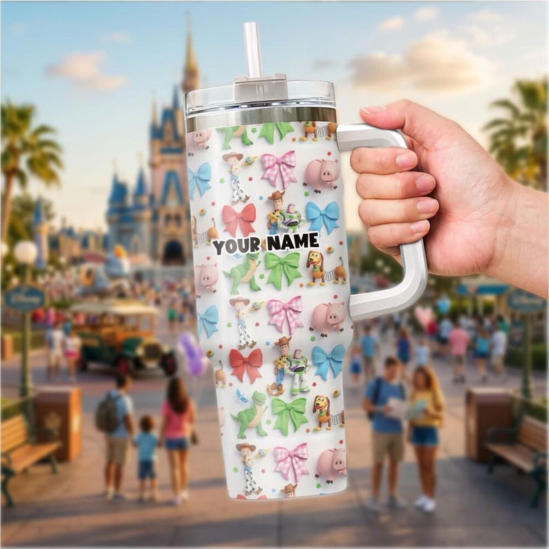 Cheerful Personalized Tumbler, Toy Story Custom Name Tumbler with Straw, Insulated Cup Travel Mug, Girl Birthday Gift Magical Outfit Trip 20 image 5