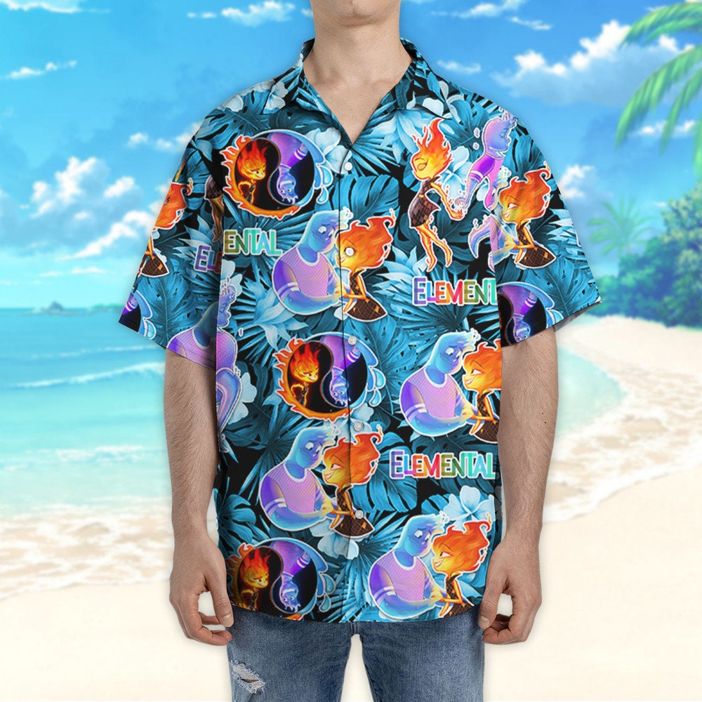 Disney Elemental Ember And Wade Couple Summer Tropical Blue Hawaiian Shirt and Shorts