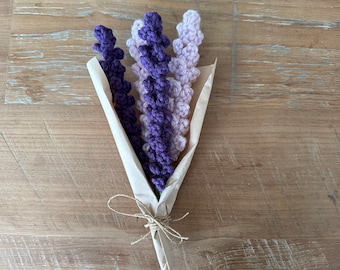 Bunch of purple lavender flowers. Crochet mini bouquet. Handmade flowers.