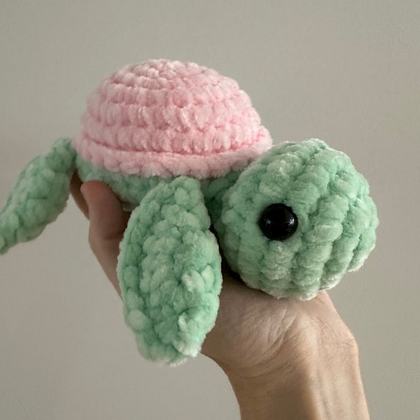 Watermelon Crochet Turtle Plush. Handmade Amigurumi Sea Turtle Toy made with Soft velvet Yarn. Watermelon sour gummy coloured turtle!