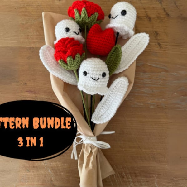 Halloween Bouquet Crochet Pattern Bundle. 3 patterns - Includes Puffy Tulip, Rose and Ghost Tulip No-Sew Patterns. Spooky Crochet Decor