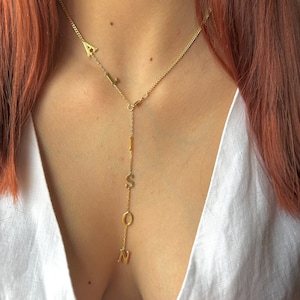 Collar con nombre delicado, collar con lazo, collar con nombre colgante, collar con Y largo, collar con inicial, collar con letra personalizada, regalo personalizado para ella