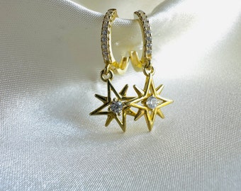 Gold Plated North Star Starburst with CZ Crystal Dangle & Drop Earrings, Gold Star Huggie Hoops, Celestial Jewellery, Dainty Gold Hoops