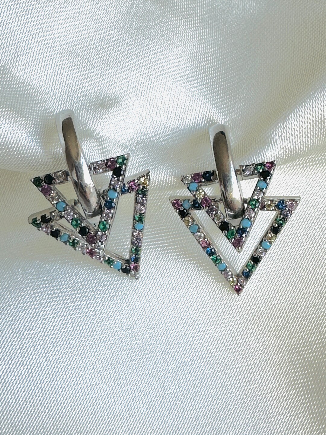 Multicolor Silver Double Inverted Triangle Geometric Tribal Charm Hoop ...
