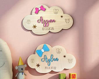 Gepersonaliseerd geboorteaankondigingsbord in de vorm van een wolk van hout - Muurdecoratie voor babykamer/kinderkamer - Kraamcadeau